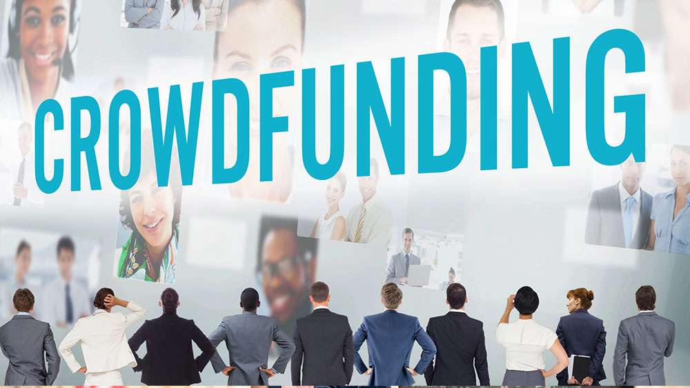 The word "crowdfunding" on a background of composite images of people and people looking up at the word.