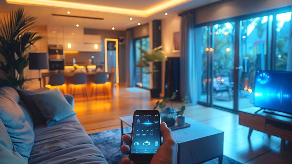 Modern smart home interior with automated smart technology lighting